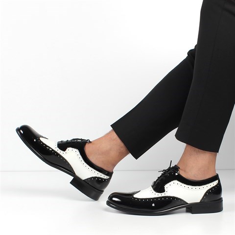 Erkek Siyah Beyaz Bağcıklı Rugan Deri Klasik Ayakkabı