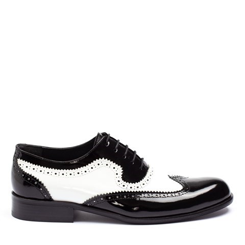 Erkek Siyah Beyaz Bağcıklı Rugan Deri Klasik Ayakkabı