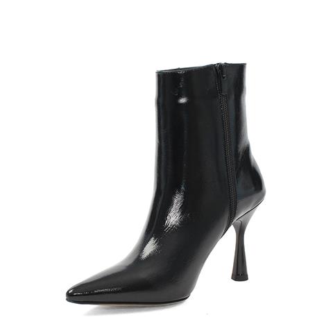 Kadın Siyah Fermuarlı İnce Topuklu Rugan Deri Bot