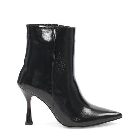 Kadın Siyah Fermuarlı İnce Topuklu Rugan Deri Bot