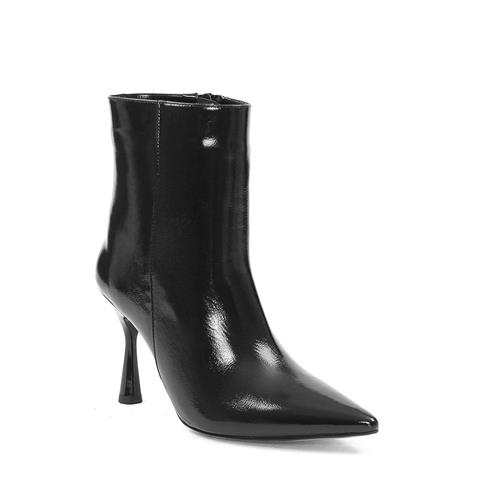 Kadın Siyah Fermuarlı İnce Topuklu Rugan Deri Bot
