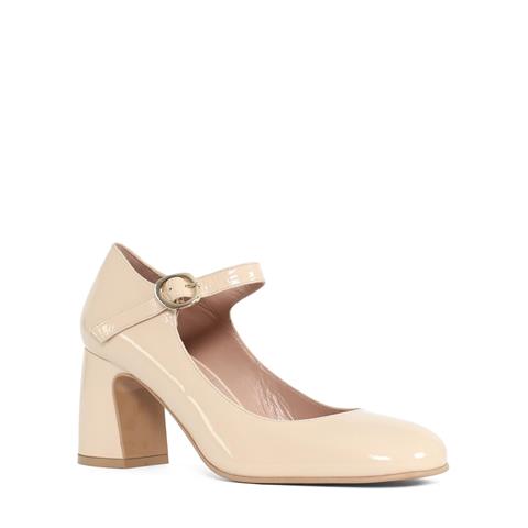 Kadın Bej Kalın Topuklu Rugan Deri Klasik Ayakkabı