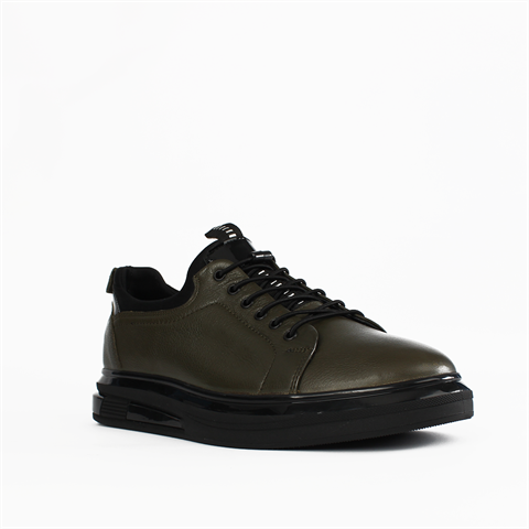 Erkek Haki Bağcıklı Kalın Tabanlı Deri Sneaker