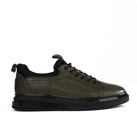 Erkek Haki Bağcıklı Kalın Tabanlı Deri Sneaker