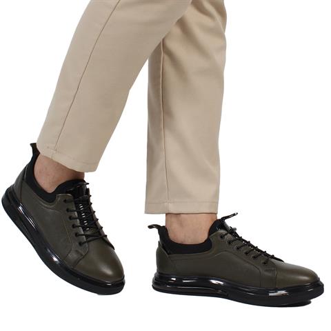 Erkek Haki Bağcıklı Kalın Tabanlı Deri Sneaker