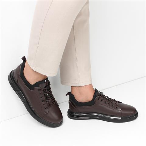 Erkek Kahverengi Bağcıklı Kalın Tabanlı Deri Sneaker