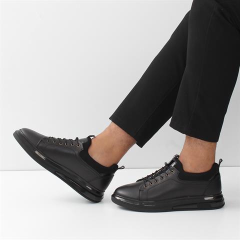 Erkek Siyah Bağcıklı Kalın Tabanlı Deri Sneaker
