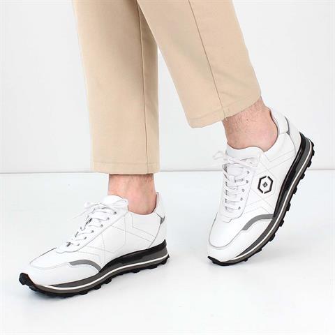 Erkek Beyaz Bağcıklı Kalın Tabanlı Deri Sneaker
