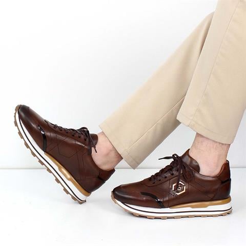 Erkek Kahverengi Bağcıklı Kalın Tabanlı Deri Sneaker