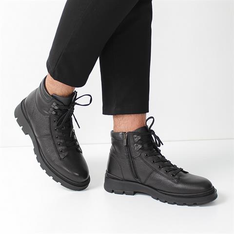 Erkek Siyah Bağcıklı Fermuarlı Deri Bot