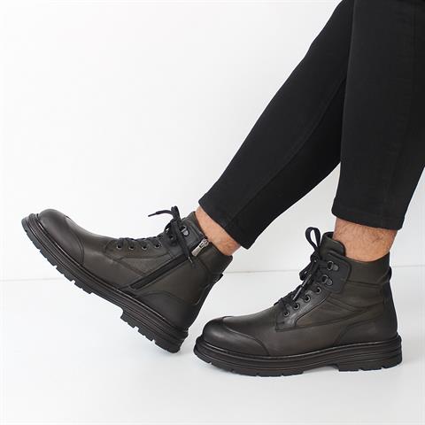 Erkek Haki Bağcıklı Fermuarlı Deri Bot