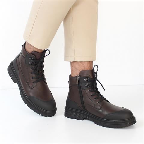 Erkek Kahverengi Bağcıklı Fermuarlı Deri Bot