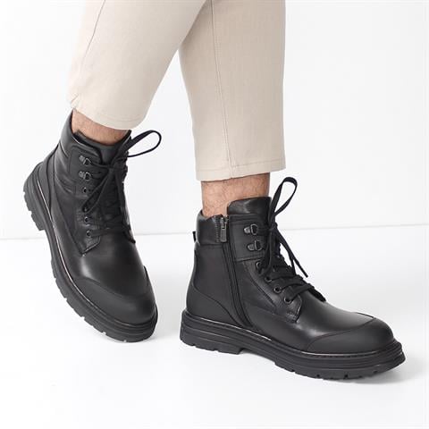 Erkek Siyah Bağcıklı Fermuarlı Deri Bot