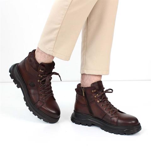 Erkek Kahverengi Bağcıklı Fermuarlı Deri Bot