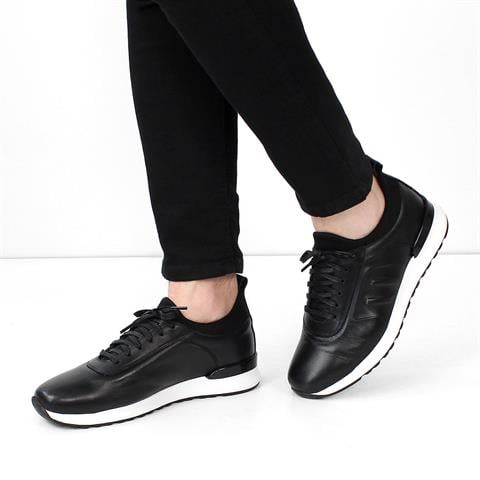 Erkek Siyah Bağcıklı Deri Sneaker