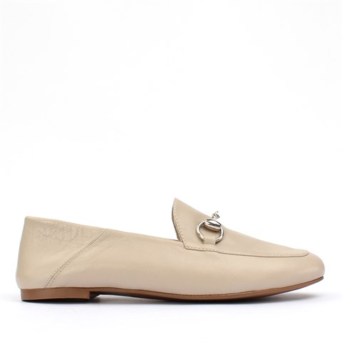 Kadın Bej Tokalı Deri Loafer