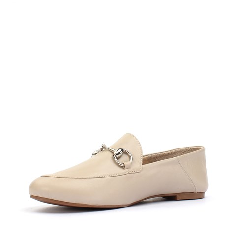 Kadın Bej Tokalı Deri Loafer