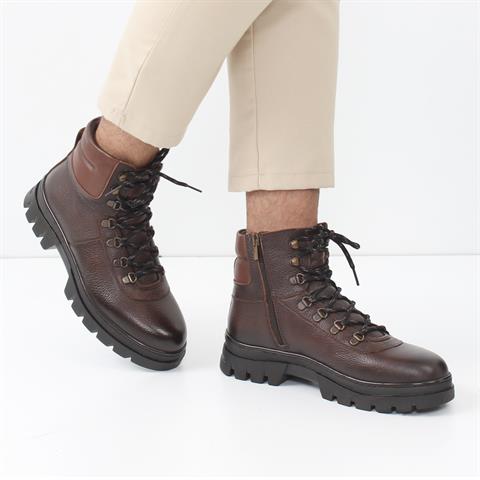 Erkek Kahverengi Bağcıklı Fermuarlı Deri Bot