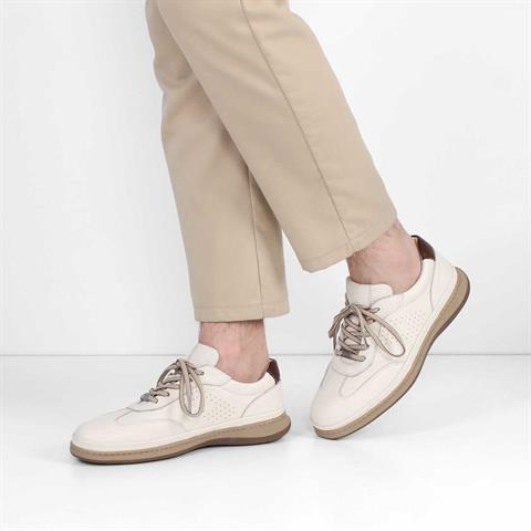 Erkek Bej Bağcıklı Deri Sneaker