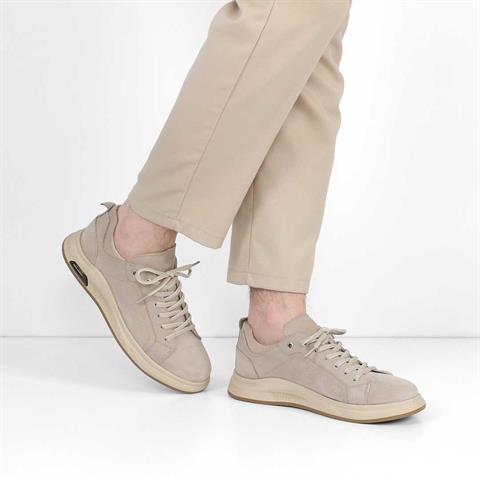 Erkek Bej Bağcıklı Kalın Tabanlı Nubuk Deri Sneaker