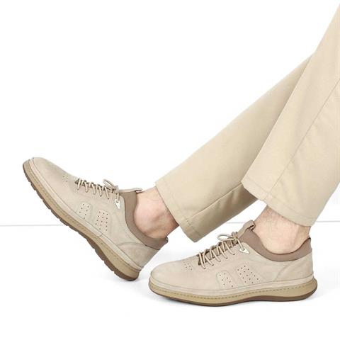 Erkek Bej Bağcıklı Kalın Tabanlı Nubuk Deri Sneaker