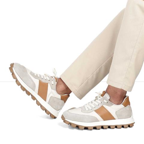 Erkek Bej Bağcıklı Kalın Tabanlı Süet Deri Sneaker