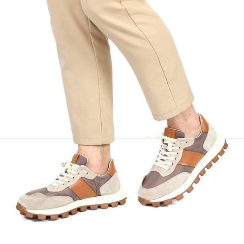Erkek Bej Taba Bağcıklı Kalın Tabanlı Süet Deri Sneaker