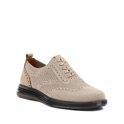 Erkek Bej Kalın Tabanlı Örgü Deri Ayakkabı