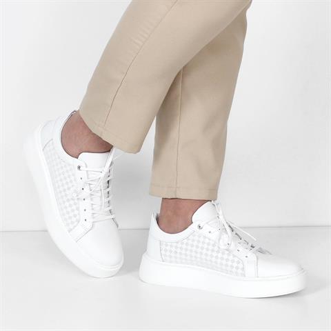 Erkek Beyaz Bağcıklı Kalın Tabanlı Deri Sneaker