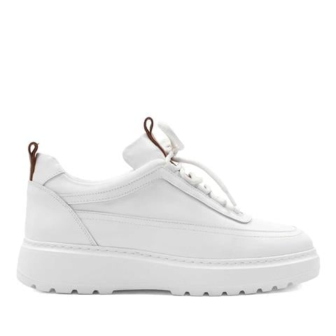 Erkek Beyaz Bağcıklı Kalın Tabanlı Deri Sneaker