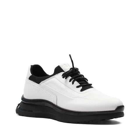 Erkek Beyaz Bağcıklı Kalın Tabanlı Deri Sneaker