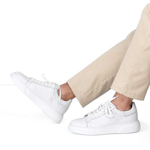 Erkek Beyaz Bağcıklı Kalın Tabanlı Deri Sneaker