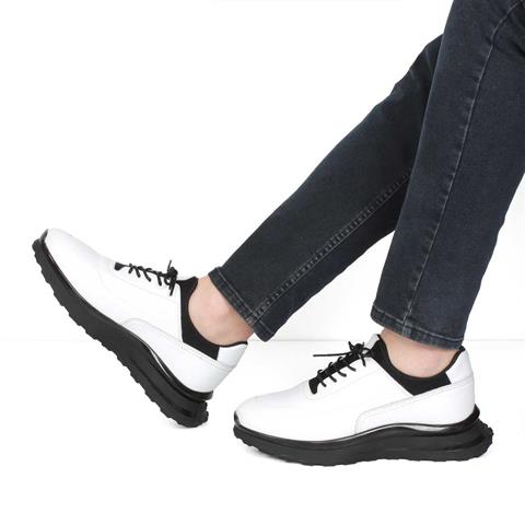 Erkek Beyaz Bağcıklı Kalın Tabanlı Deri Sneaker