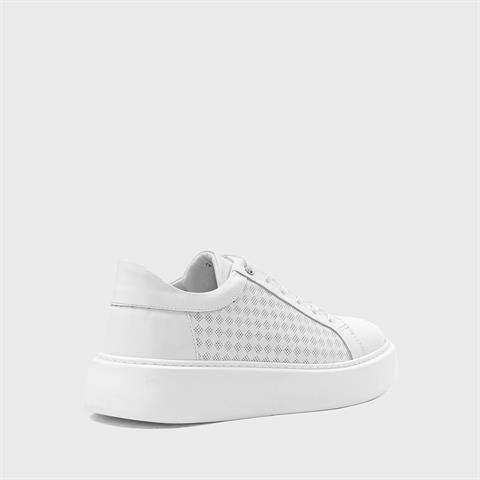 Erkek Beyaz Bağcıklı Kalın Tabanlı Deri Sneaker