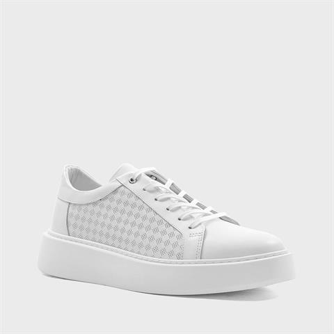 Erkek Beyaz Bağcıklı Kalın Tabanlı Deri Sneaker