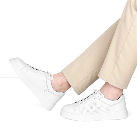Erkek Beyaz Bağcıklı Kalın Tabanlı Deri Sneaker