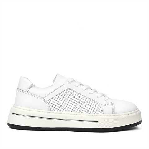 Erkek Beyaz Baskılı Bağcıklı Kalın Tabanlı Deri Sneaker