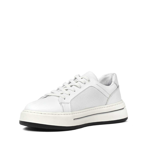 Erkek Beyaz Baskılı Bağcıklı Kalın Tabanlı Deri Sneaker