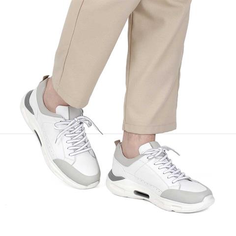 Erkek Beyaz Gri Bağcıklı Kalın Tabanlı Deri Sneaker