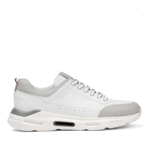 Erkek Beyaz Gri Bağcıklı Kalın Tabanlı Deri Sneaker