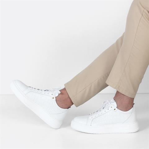 Erkek Beyaz Kroko Bağcıklı Kalın Tabanlı Deri Sneaker