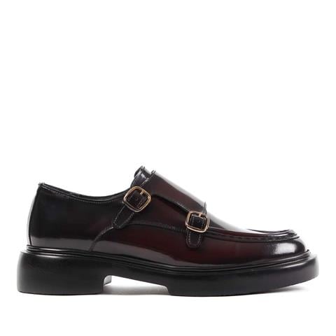 Erkek Bordo Çift Tokalı Açma Deri Günlük Ayakkabı