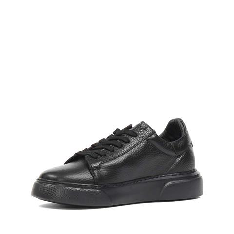 Erkek Düz Siyah Bağcıklı Kalın Tabanlı Deri Sneaker
