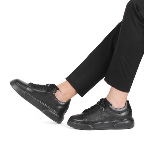 Erkek Düz Siyah Bağcıklı Kalın Tabanlı Deri Sneaker