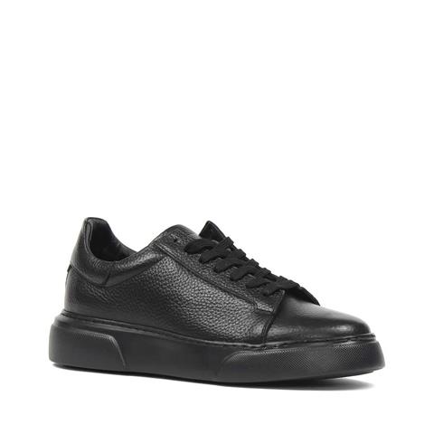 Erkek Düz Siyah Bağcıklı Kalın Tabanlı Deri Sneaker