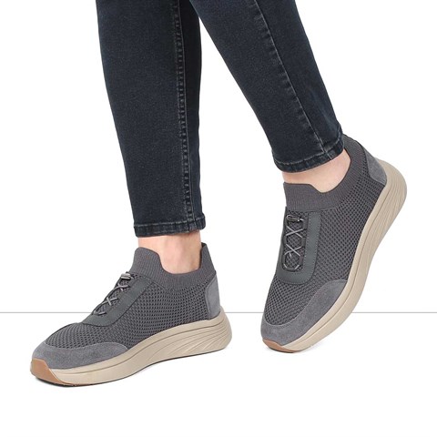 Erkek Gri Kalın Tabanlı Deri Sneaker