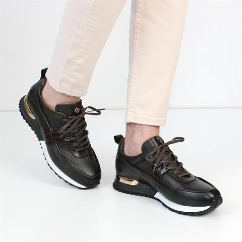 Erkek Haki Bağcıklı Kalın Tabanlı Deri Sneaker