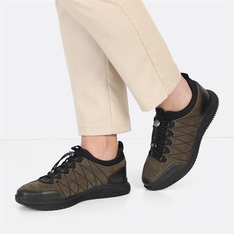 Erkek Haki Bağcıklı Kalın Tabanlı Nubuk Deri Sneaker