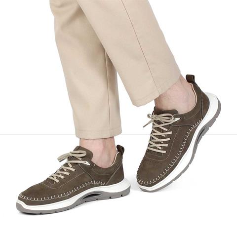 Erkek Haki Bağcıklı Kalın Tabanlı Nubuk Deri Sneaker