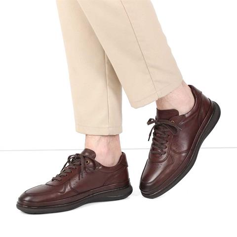 Erkek Kahverengi Bağcıklı Deri Sneaker